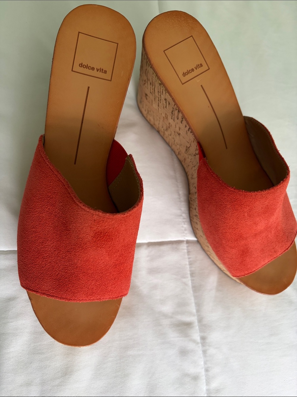 Dolce Vita Orange Suede Cork Wedge Mules - Picture 2 of 10